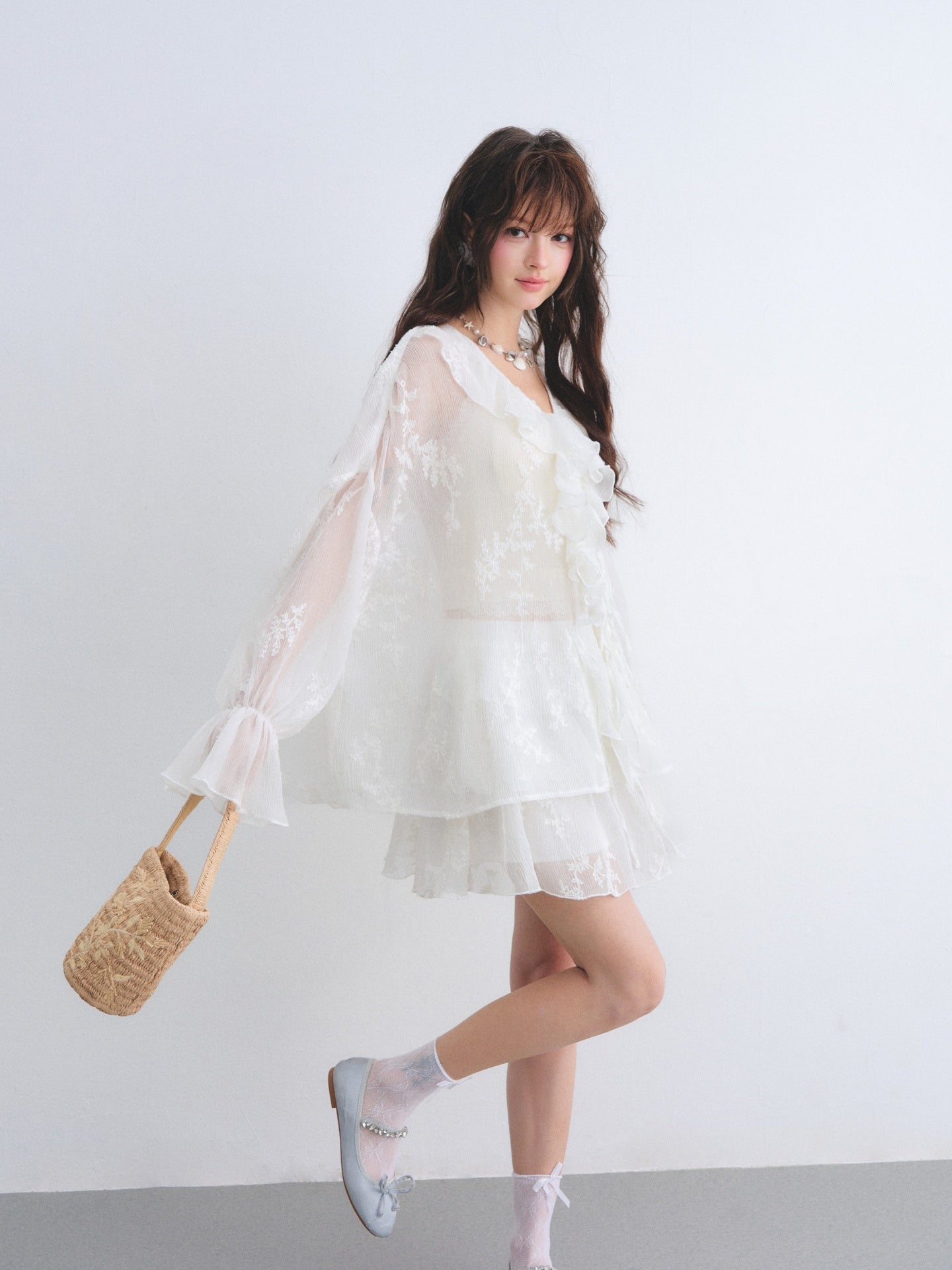 AsGony ASG26015&ASG26016 Chiffon pleated embroidered ruffle edge shirt + skirt