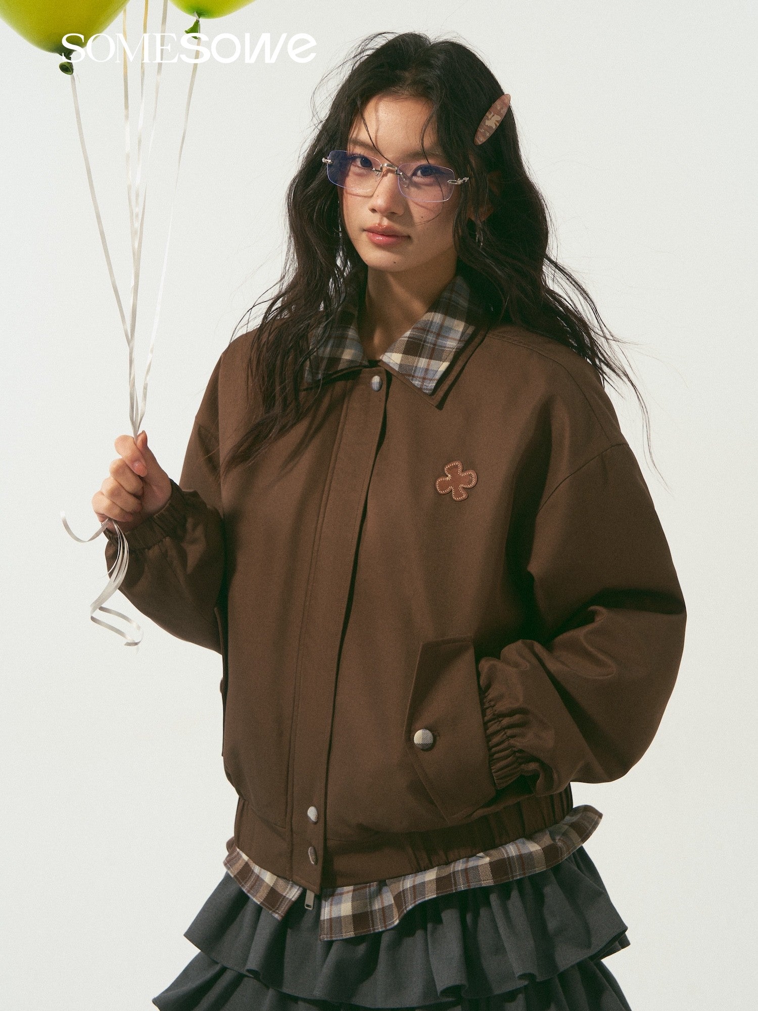 SOMESOWE S2509003 Double layered collar plaid spliced jacket