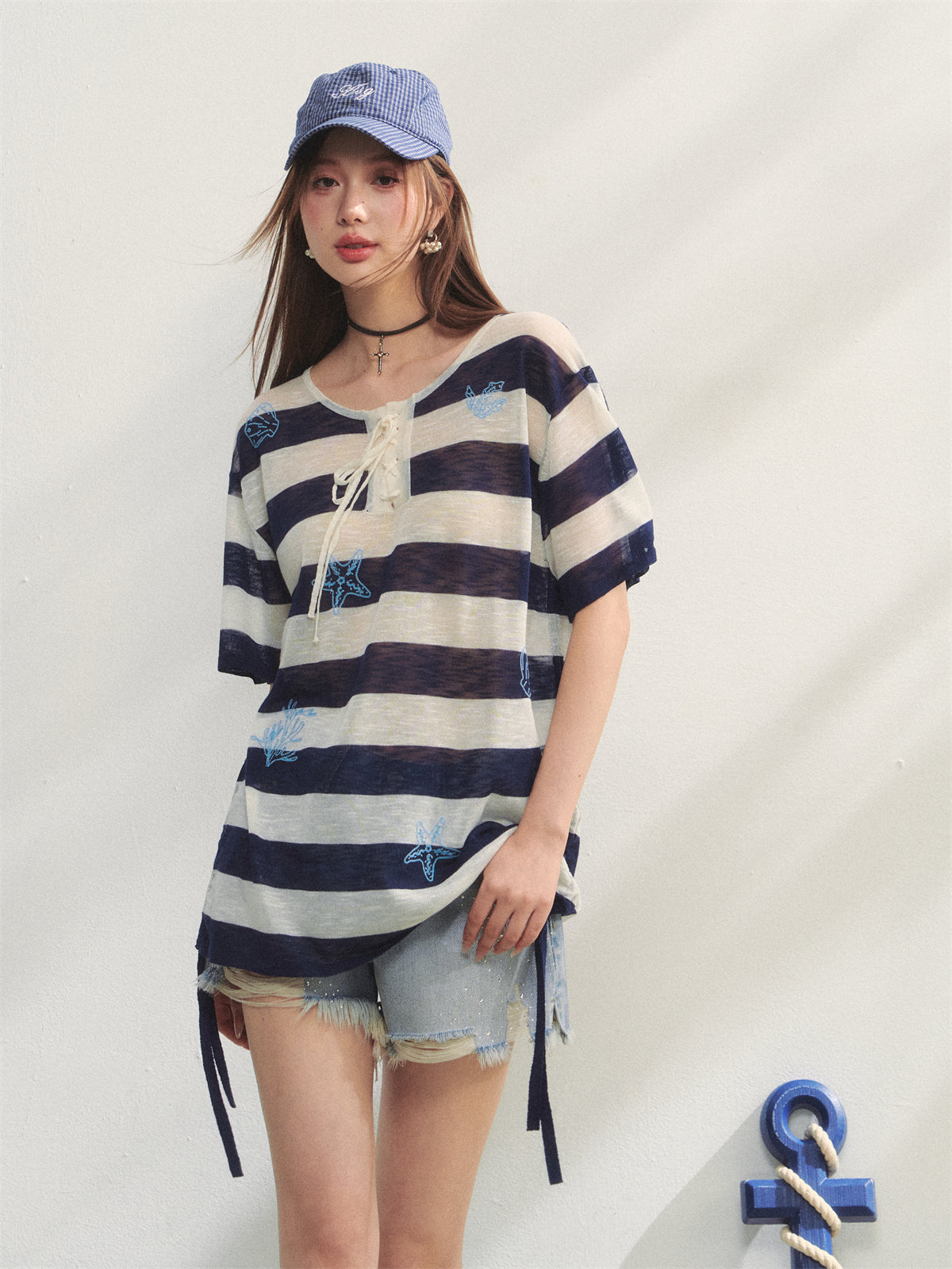 AsGony ASG25235 Ocean style striped embroidered drawstring top