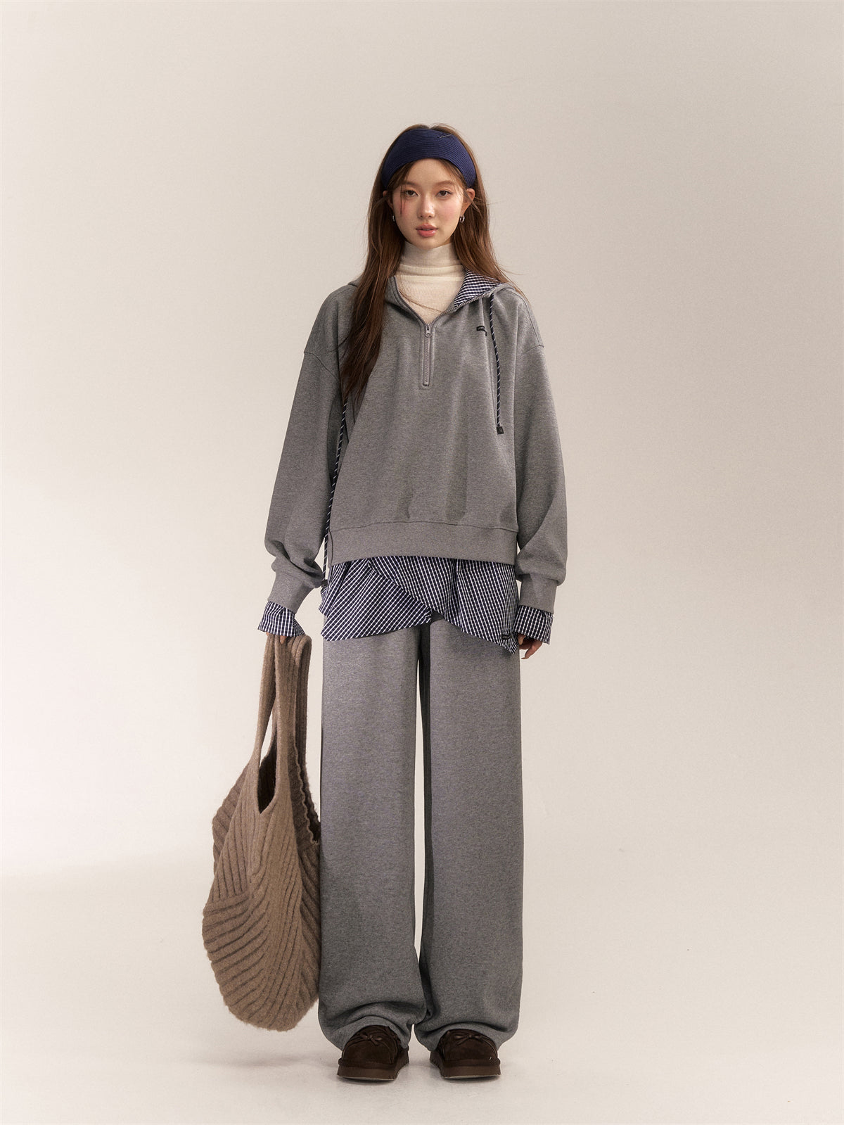 AsGony ASG24641 & ASG2642 Splicing plaid hoodie + loose pants set