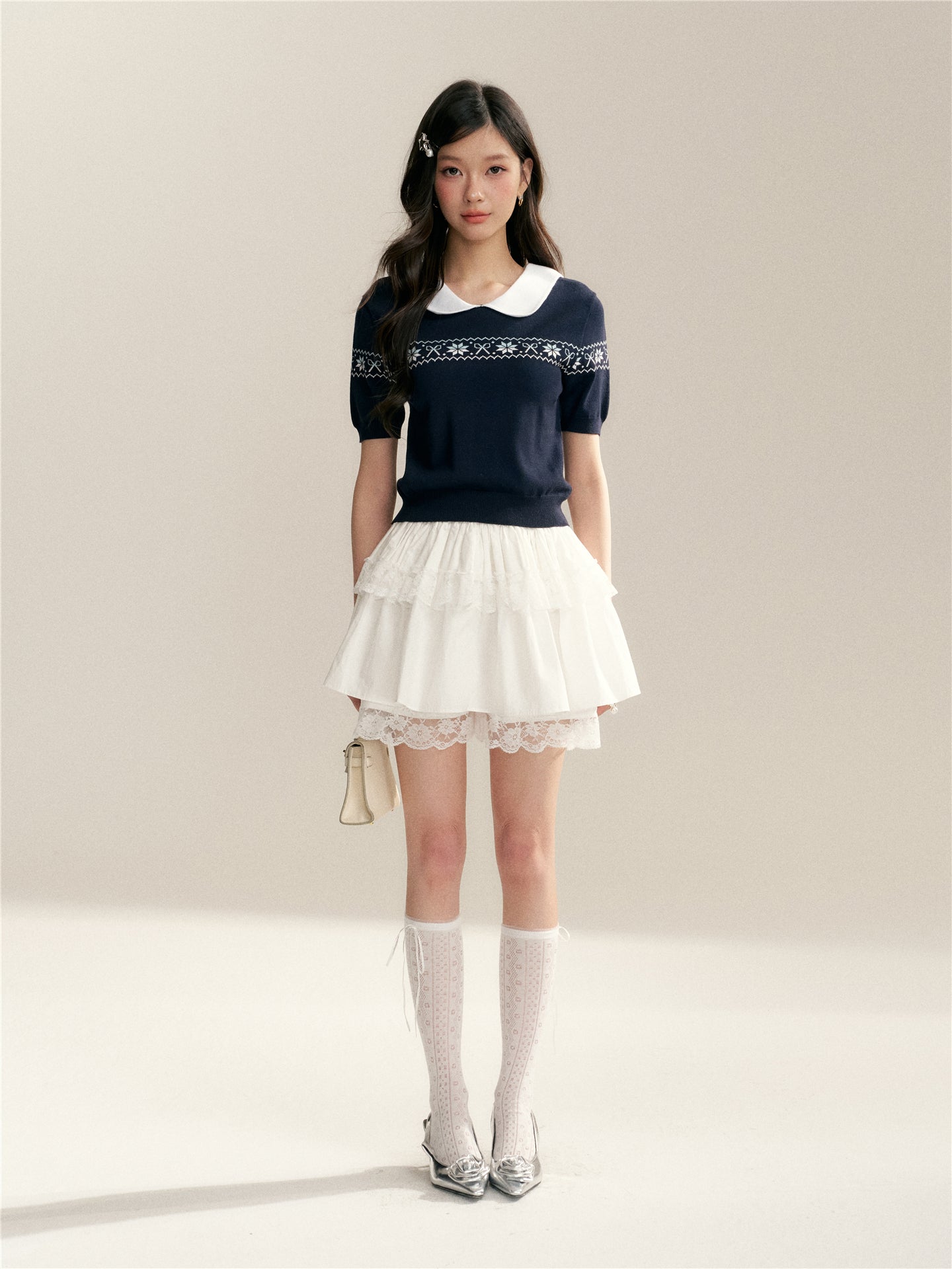 16DEWS 16D246070 Color blocked doll neck Fer Island short sleeved knit sweater