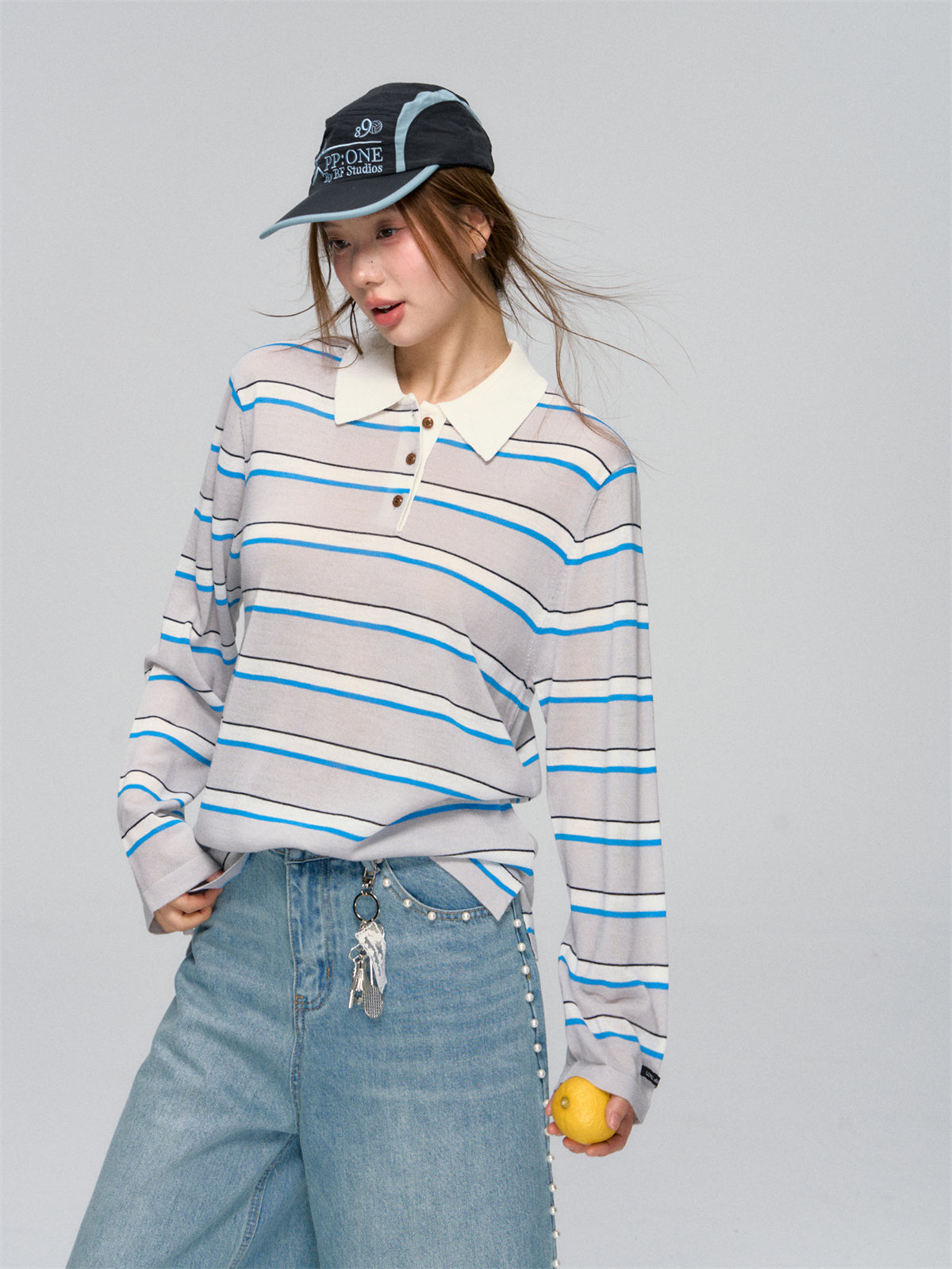 AsGony ASG25036 Striped polo collar loose knit top(2color)
