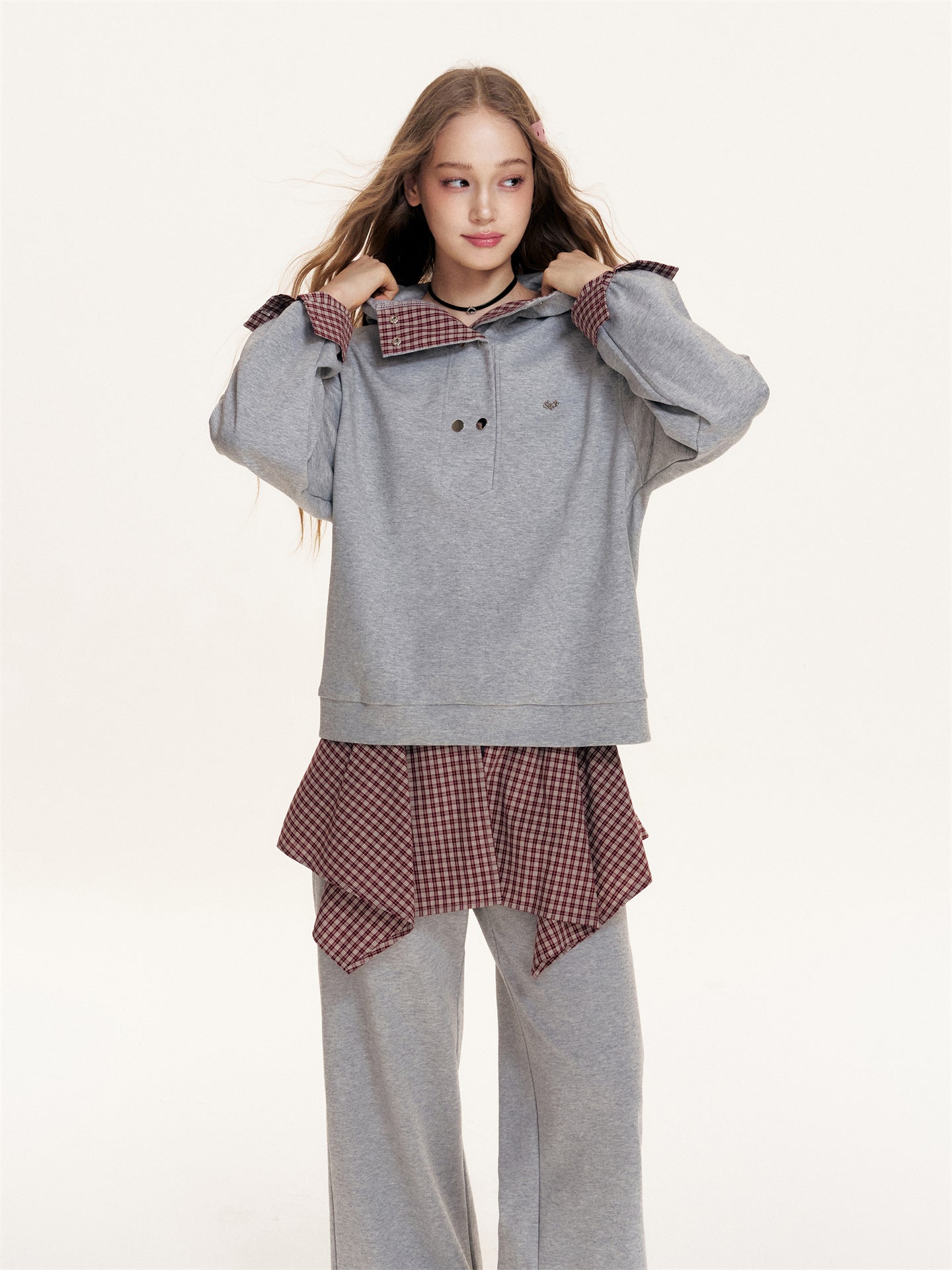 16DEWS 16D25397&16D25398 Plaid patchwork hooded sweatshirt + pants set