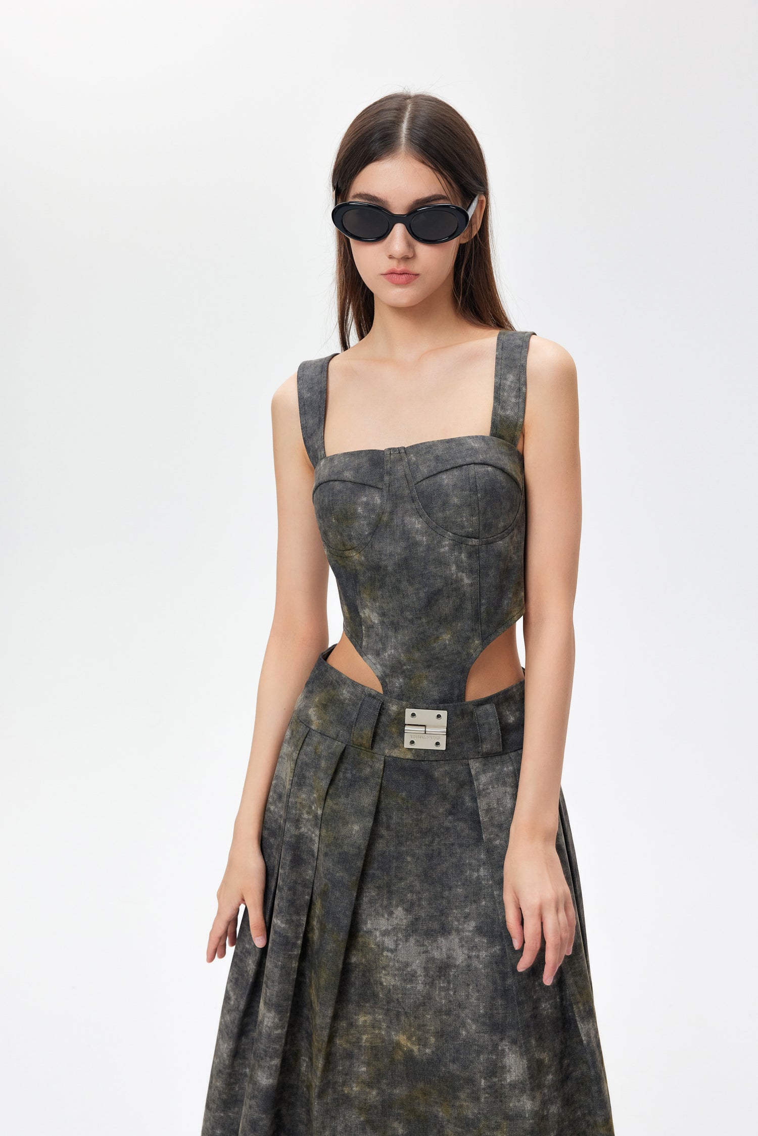 YJ1NGZYZJ DENIM ACID-WASH LONG SKIRT IN GRAY