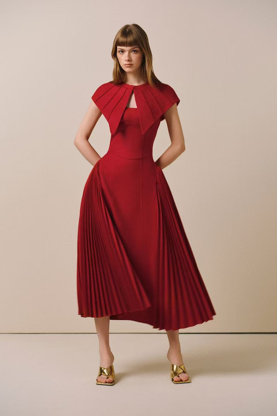 CICI JARDIN Pleated Midi Dress + Cape