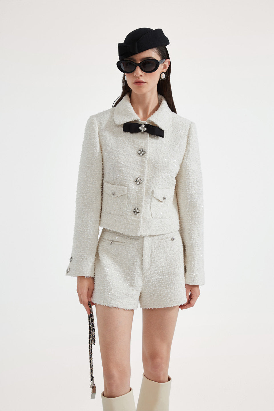 Kingwen White tweed short jacket + shorts set