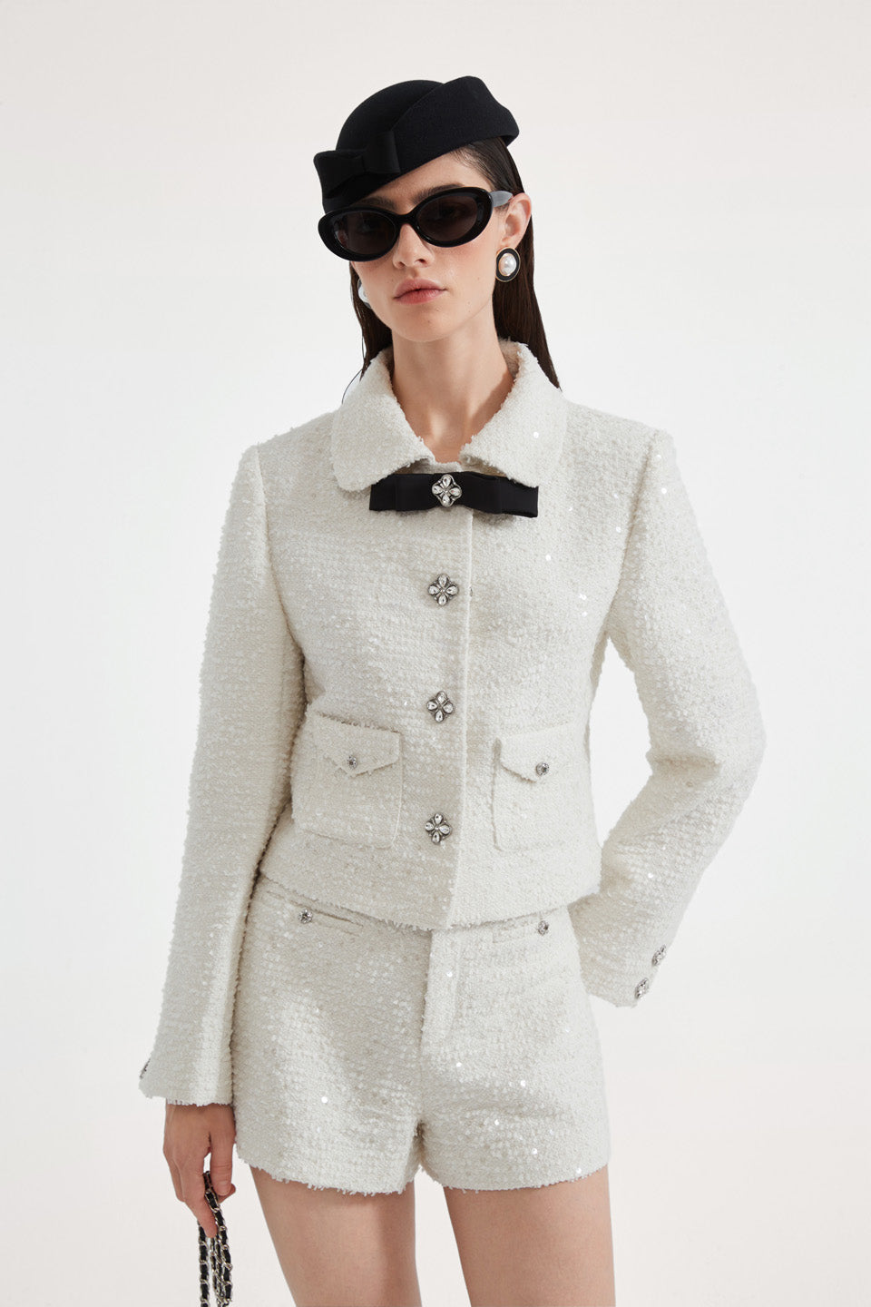 Kingwen White tweed short jacket + shorts set