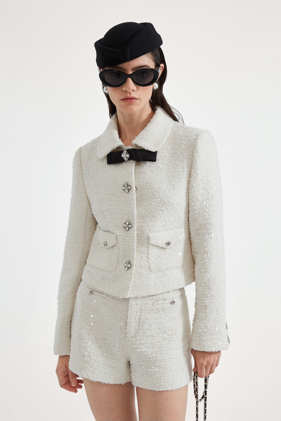 Kingwen White tweed short jacket + shorts set