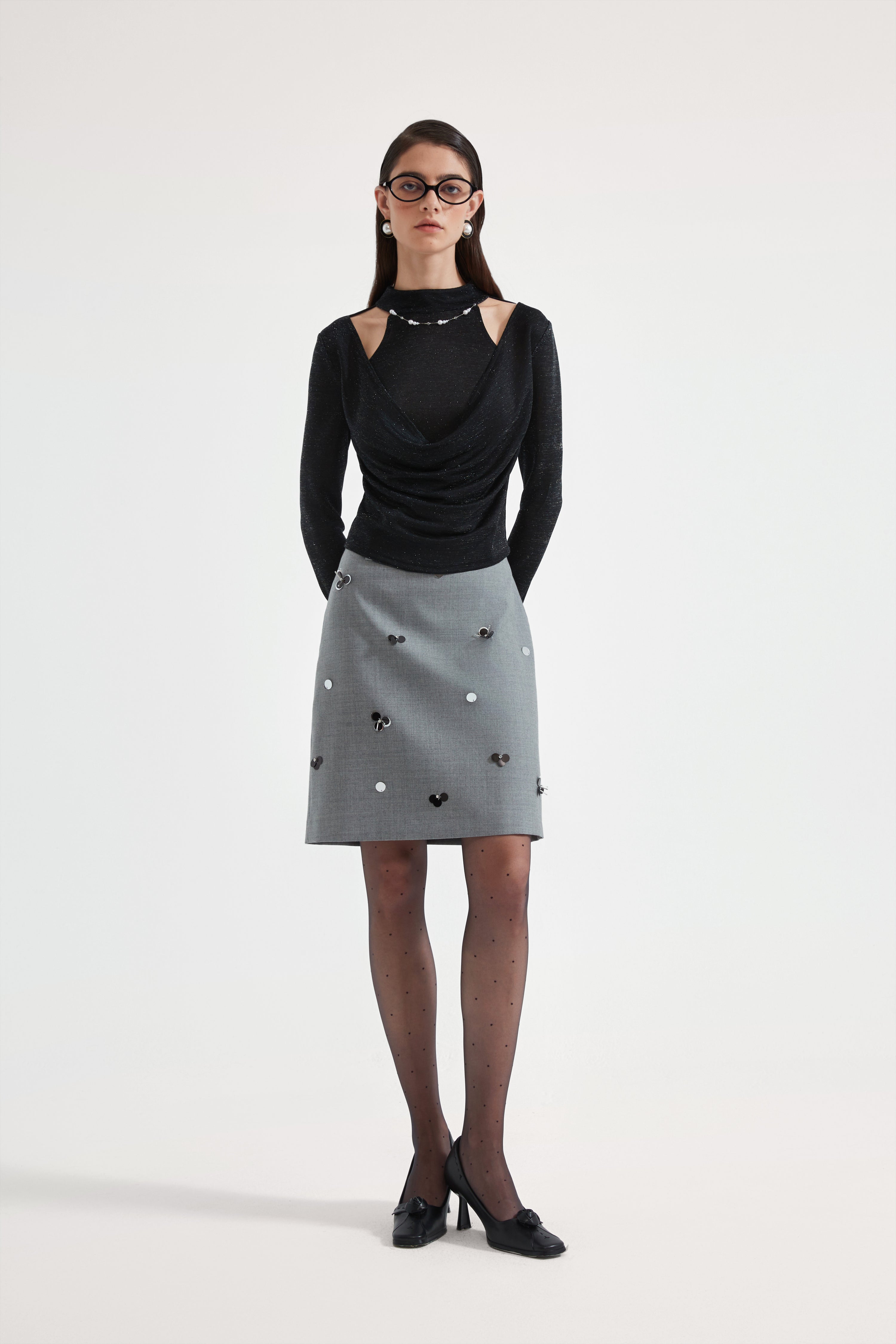 Kingwen Nail bead fake two-piece knitted top + skirt set