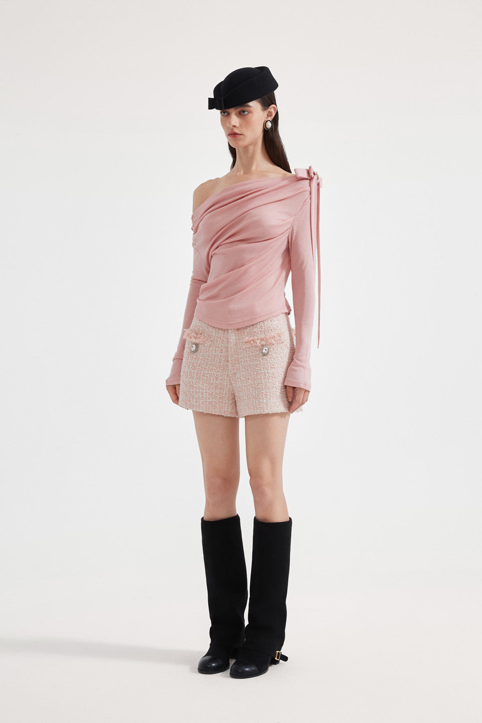 Kingwen Pink one shoulder pleated waist cinched top