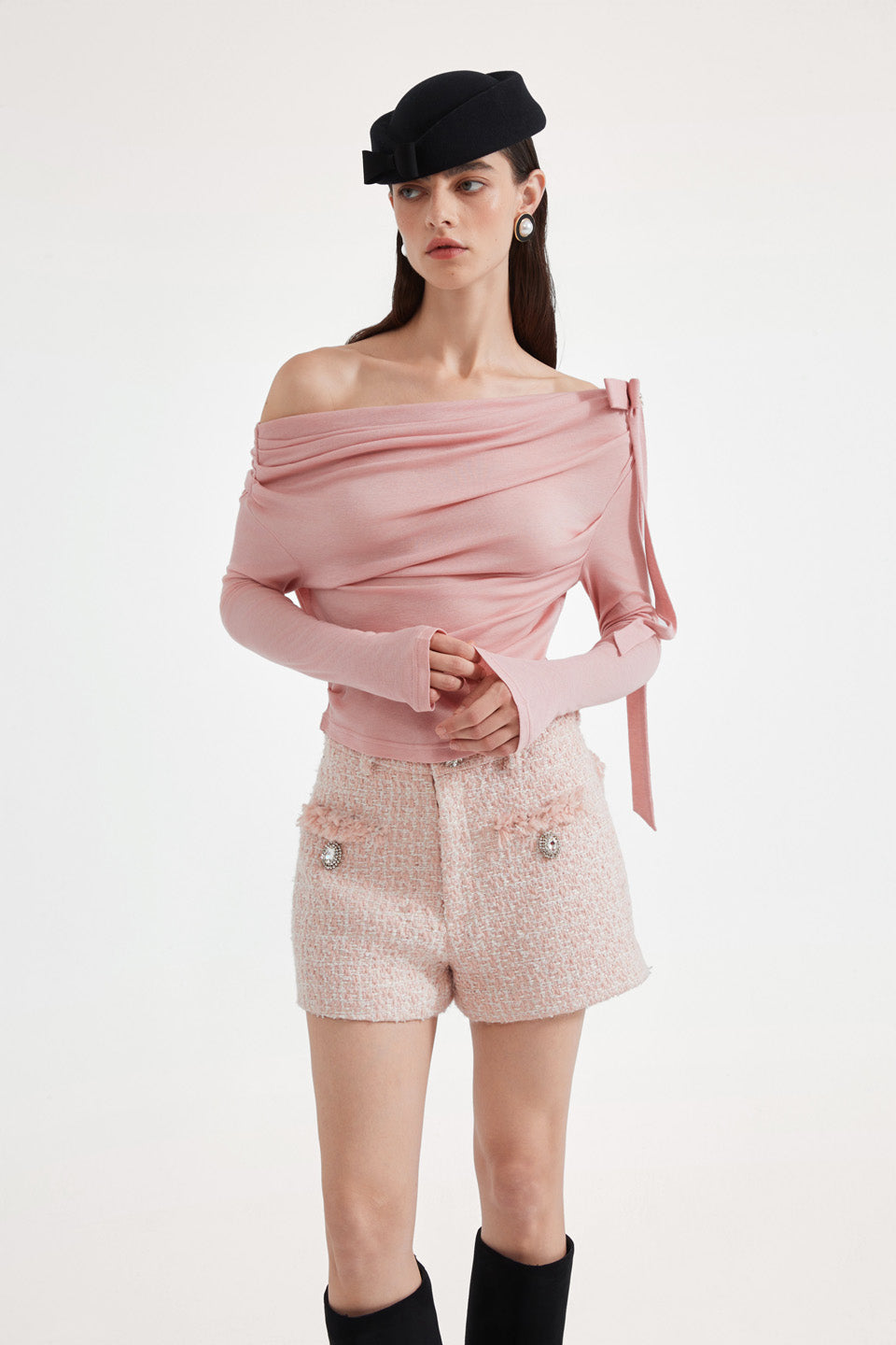 Kingwen Pink one shoulder pleated waist cinched top