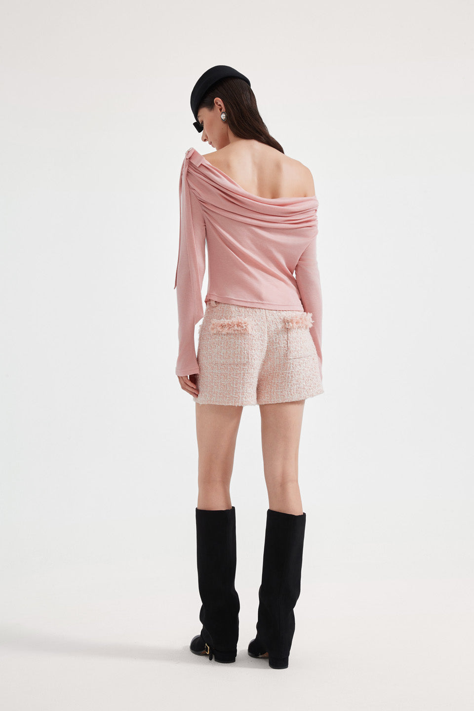 Kingwen Pink one shoulder pleated waist cinched top