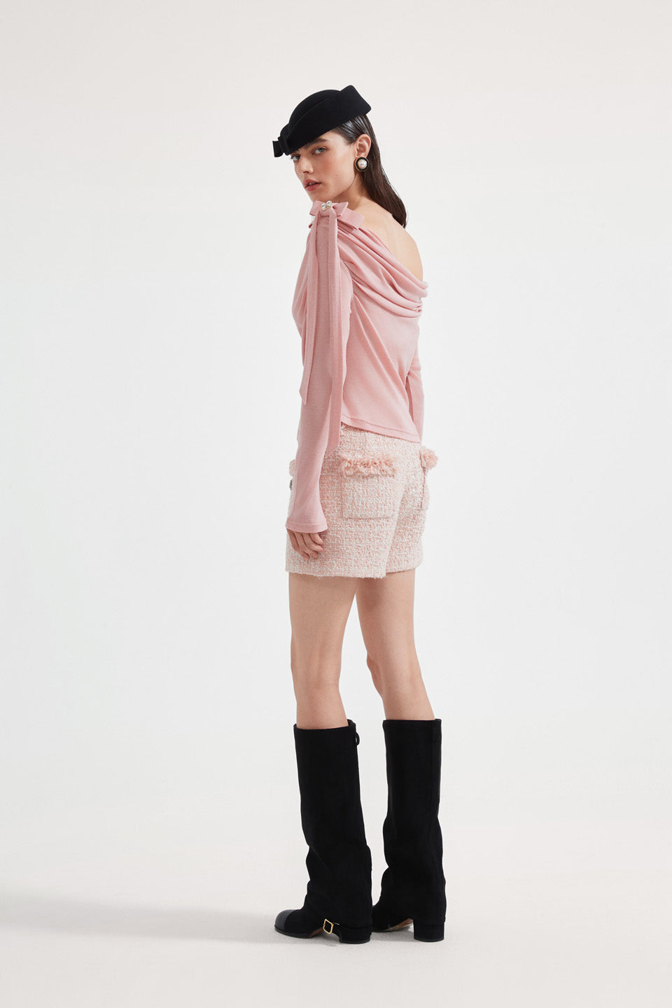 Kingwen Pink one shoulder pleated waist cinched top