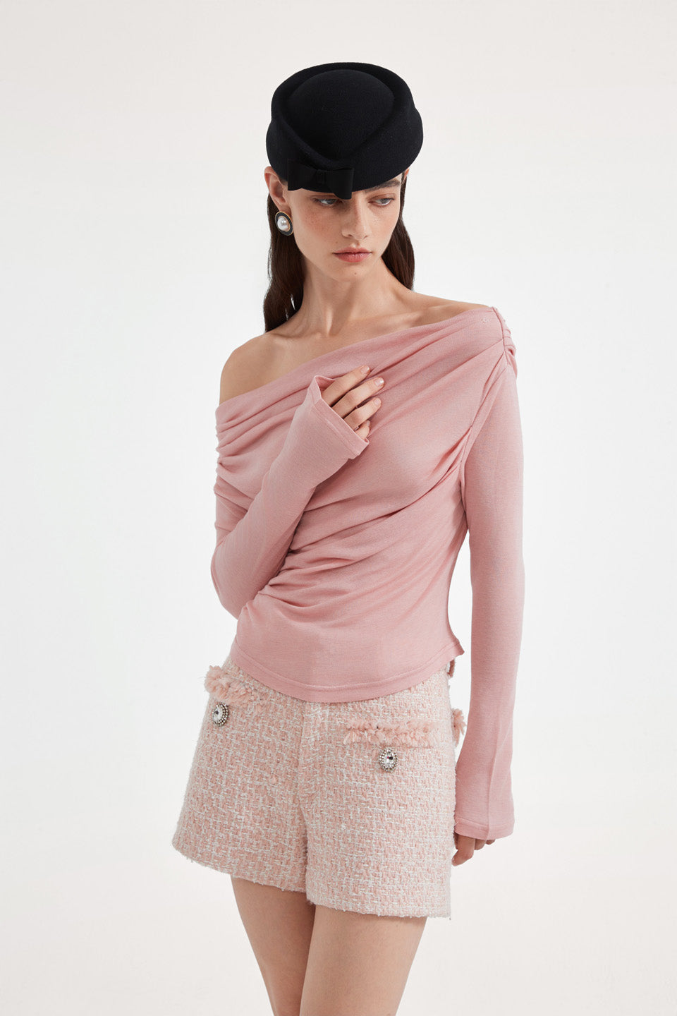 Kingwen Pink one shoulder pleated waist cinched top