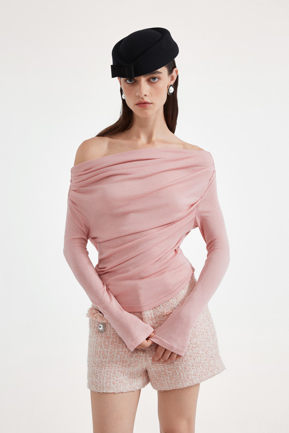 Kingwen Pink one shoulder pleated waist cinched top
