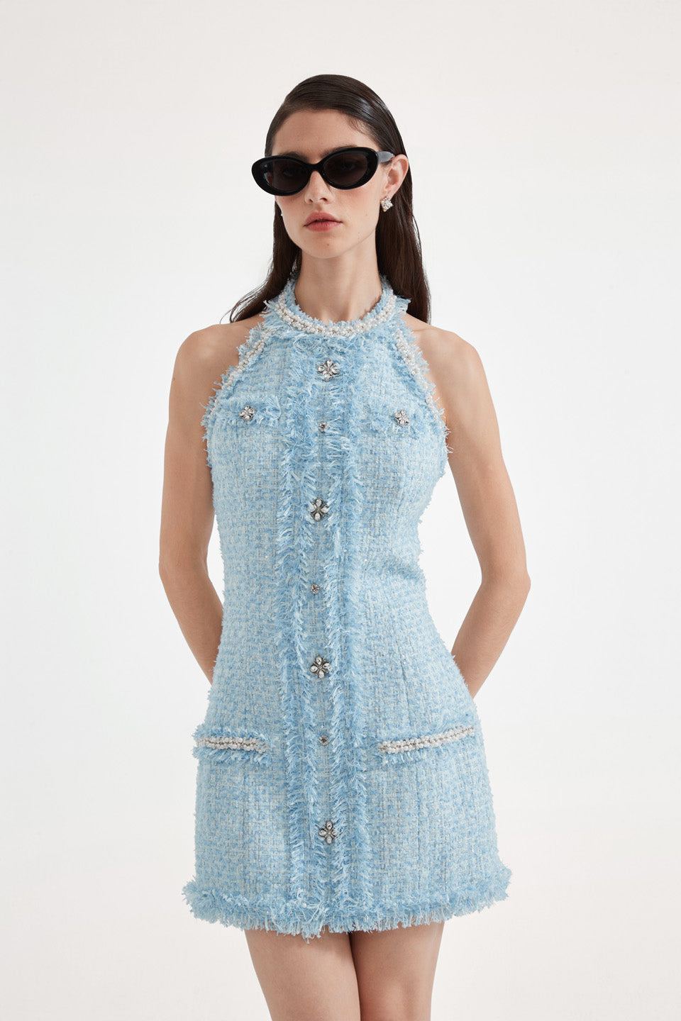Kingwen Halter neck tweed nail bead waist pinching dress