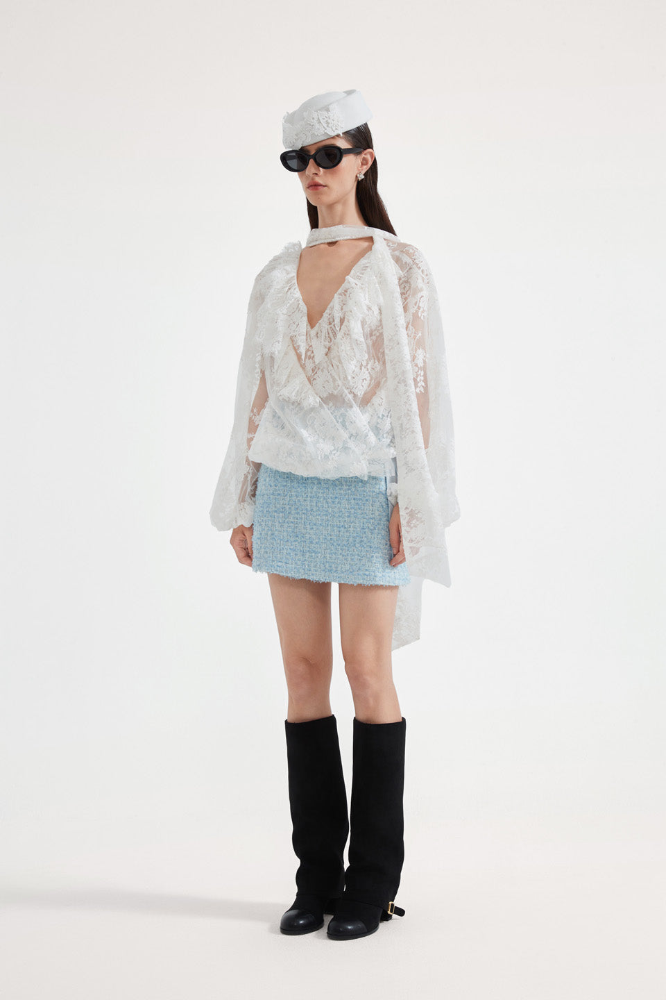 Kingwen Lace ribbon shirt + skirt set