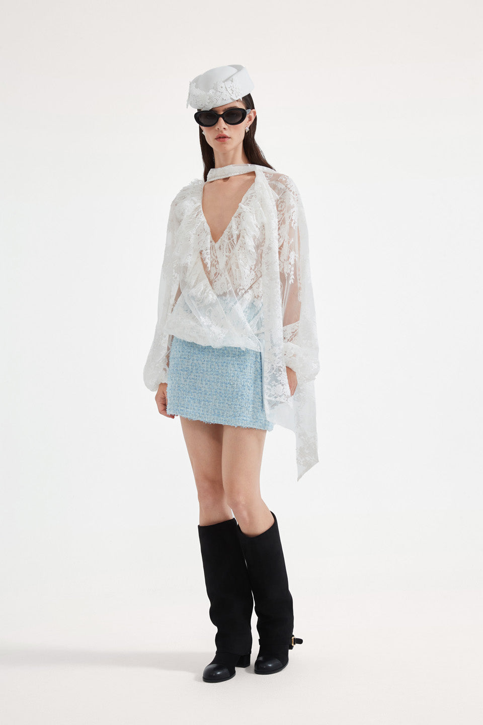 Kingwen Lace ribbon shirt + skirt set
