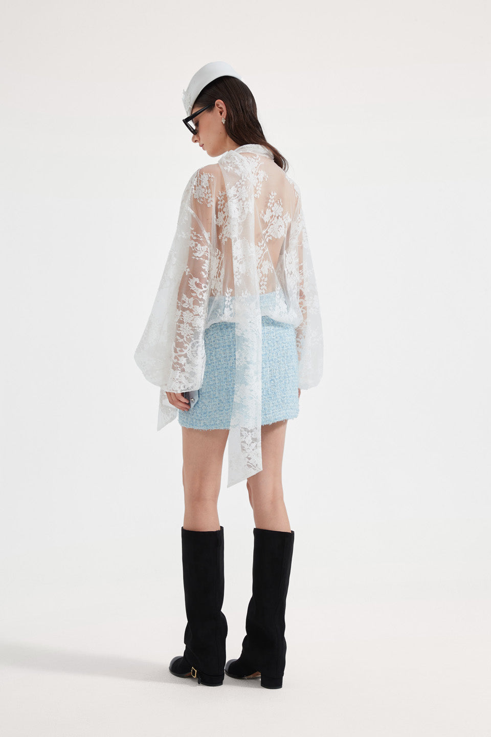 Kingwen Lace ribbon shirt + skirt set
