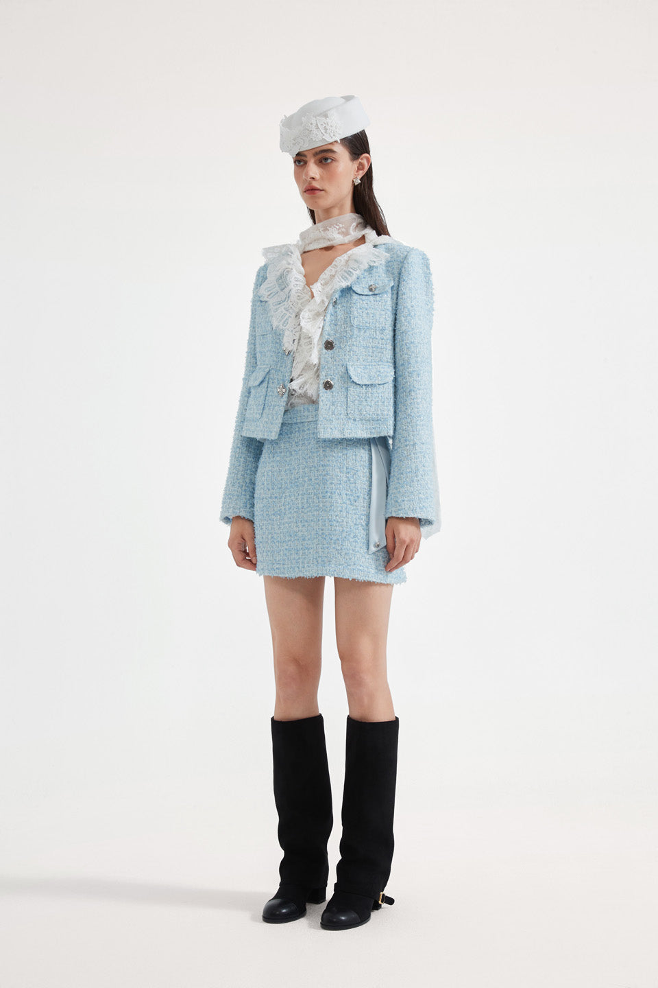 Kingwen Blue tweed short jacket + skirt set