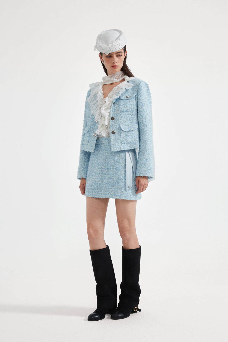 Kingwen Blue tweed short jacket + skirt set