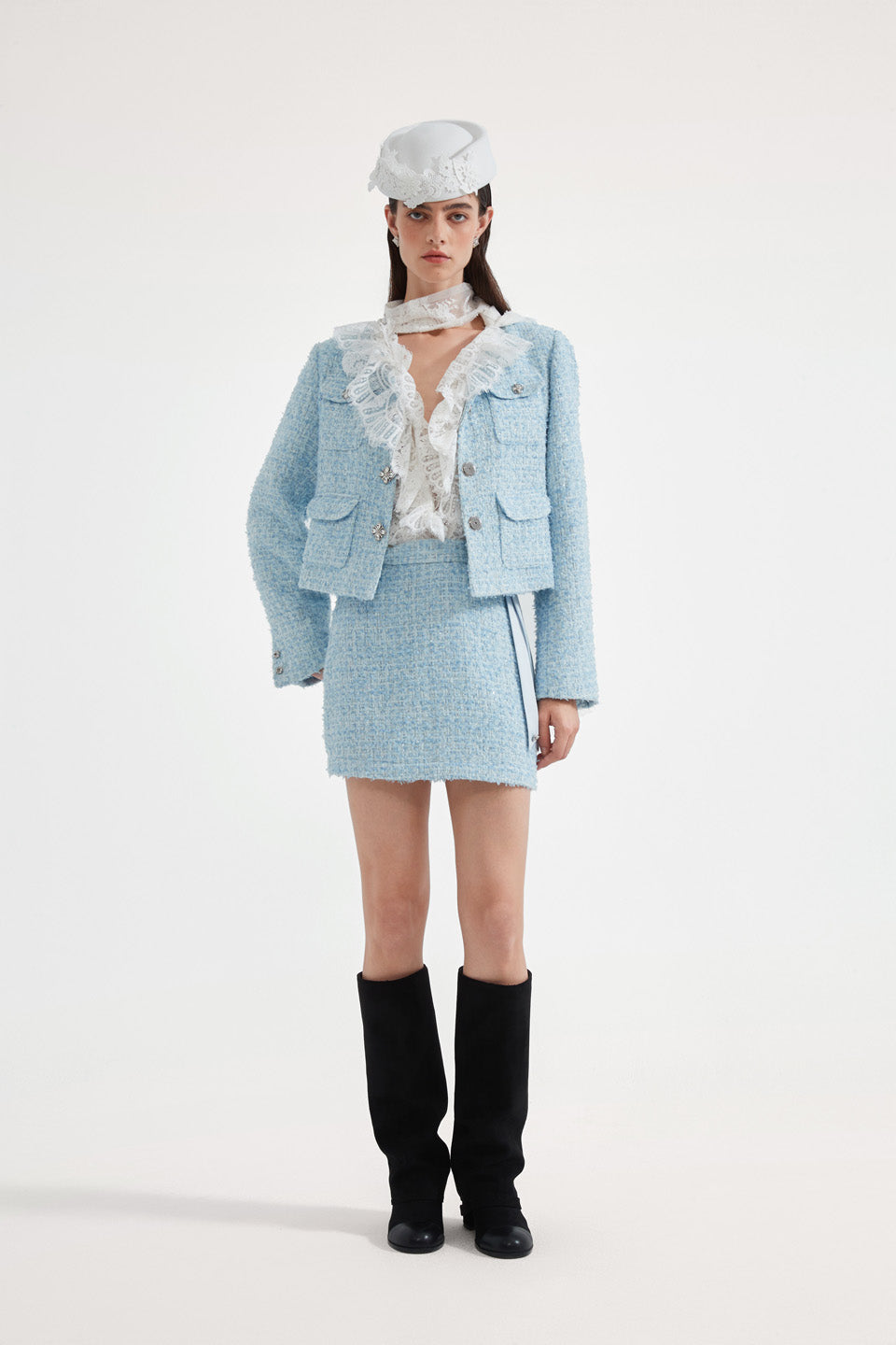 Kingwen Blue tweed short jacket + skirt set