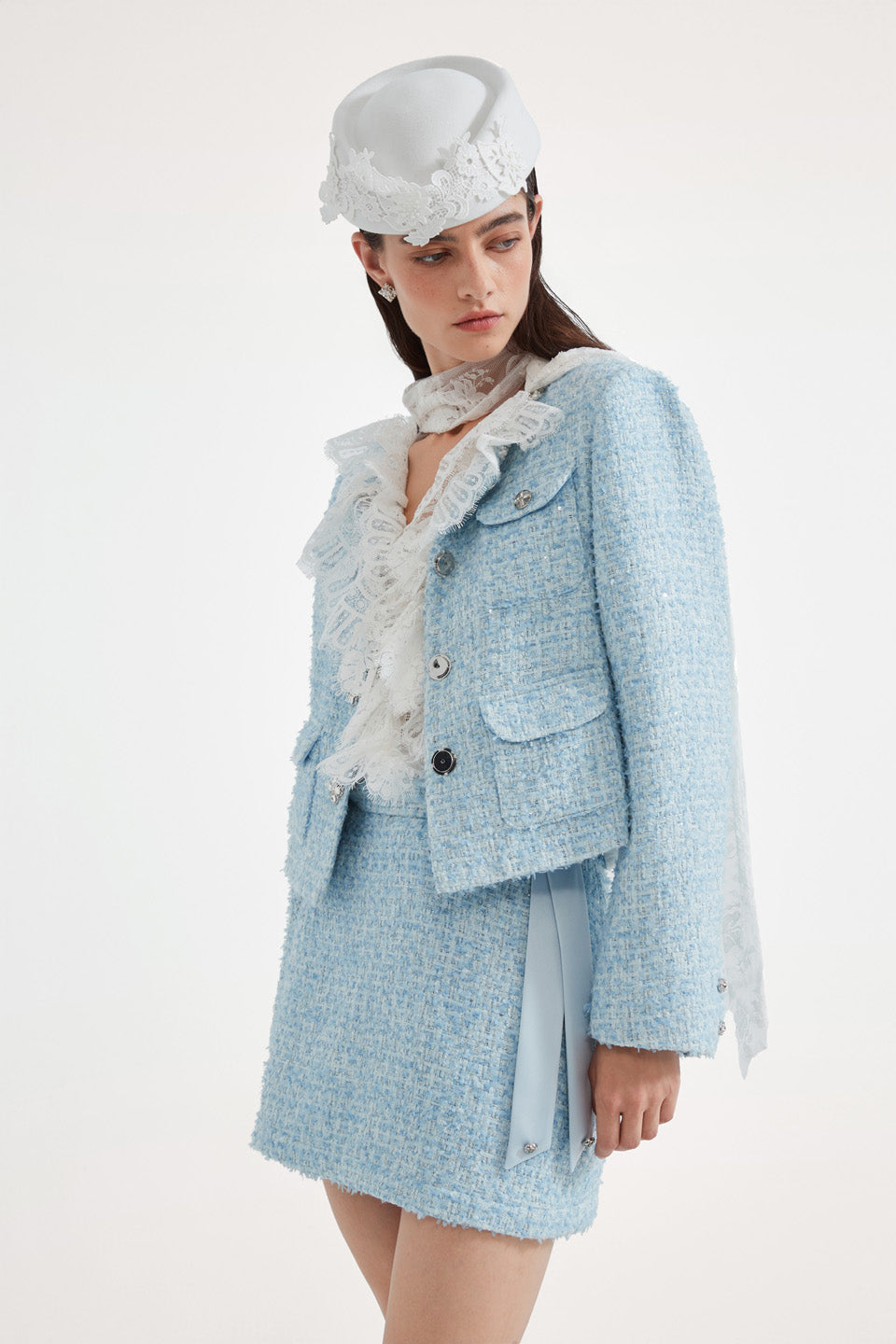 Kingwen Blue tweed short jacket + skirt set