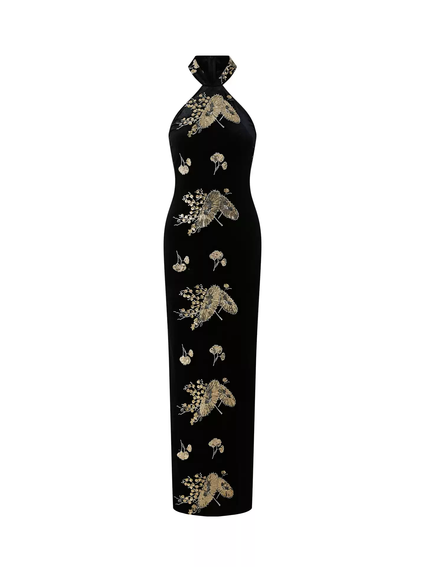 FIND YA WINGS Velvet Halter Beaded Cheongsam