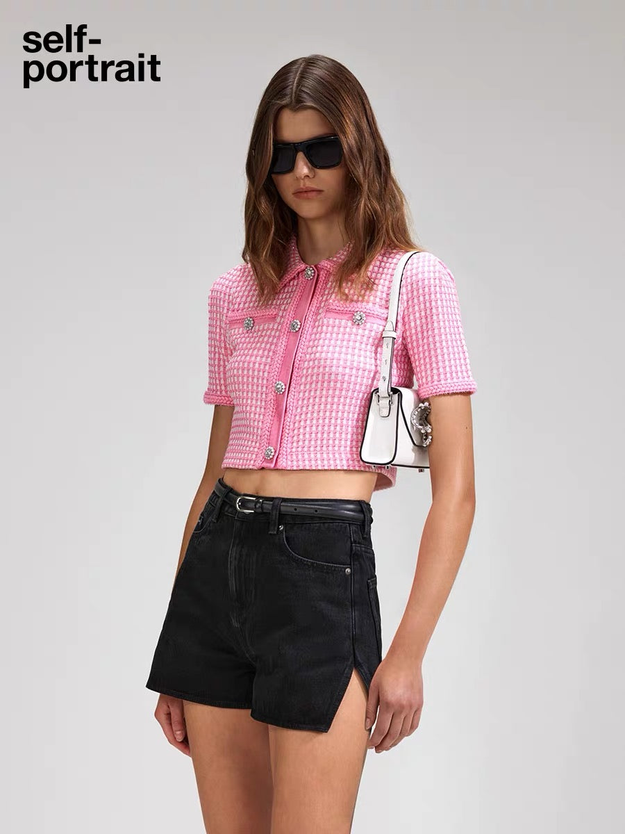 Self-Portrait PINK GRID KNIT TOP