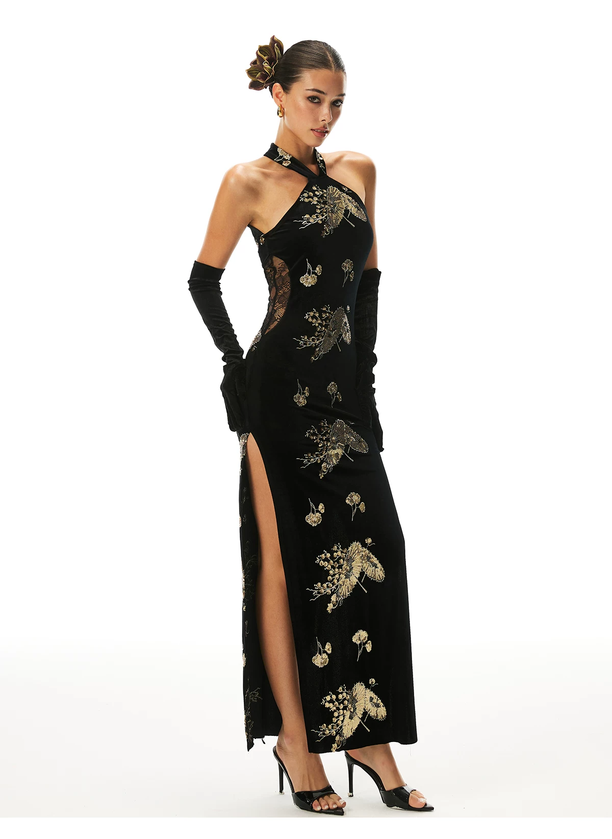 FIND YA WINGS Velvet Halter Beaded Cheongsam