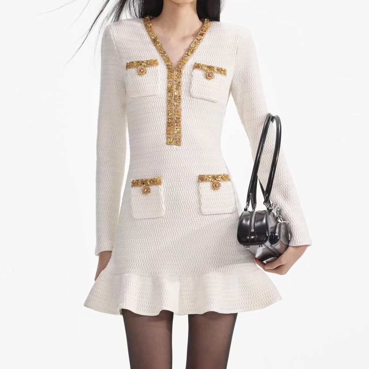Self-Portrait CREAM LUREX KNIT MINI DRESS