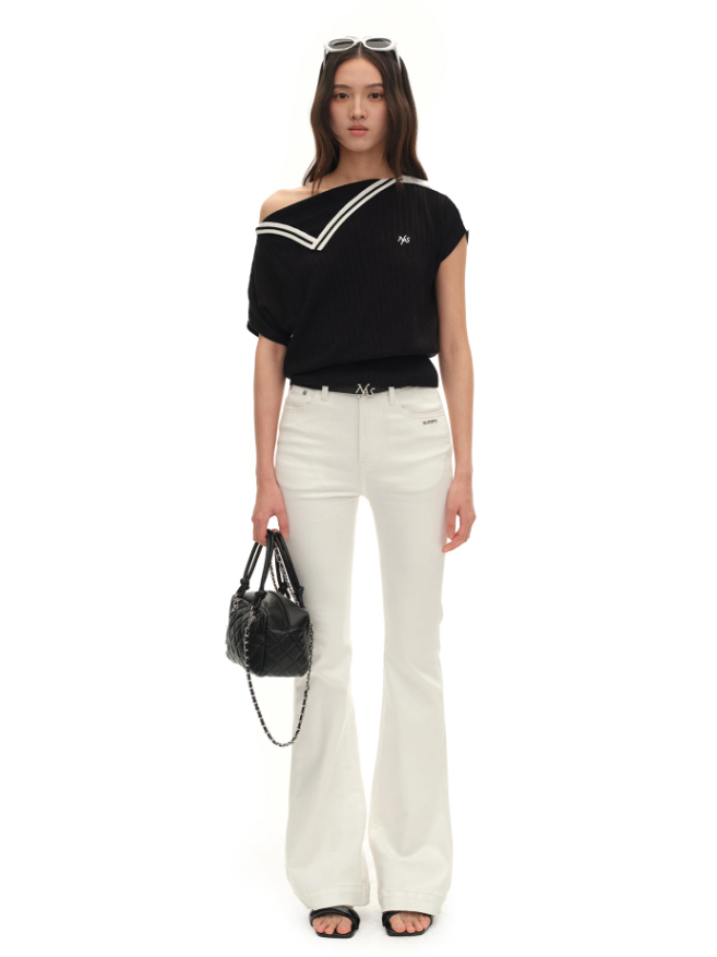 NAWS NAW-T074026 Contrast-Trim Asymmetric Off-Shoulder Striped Top