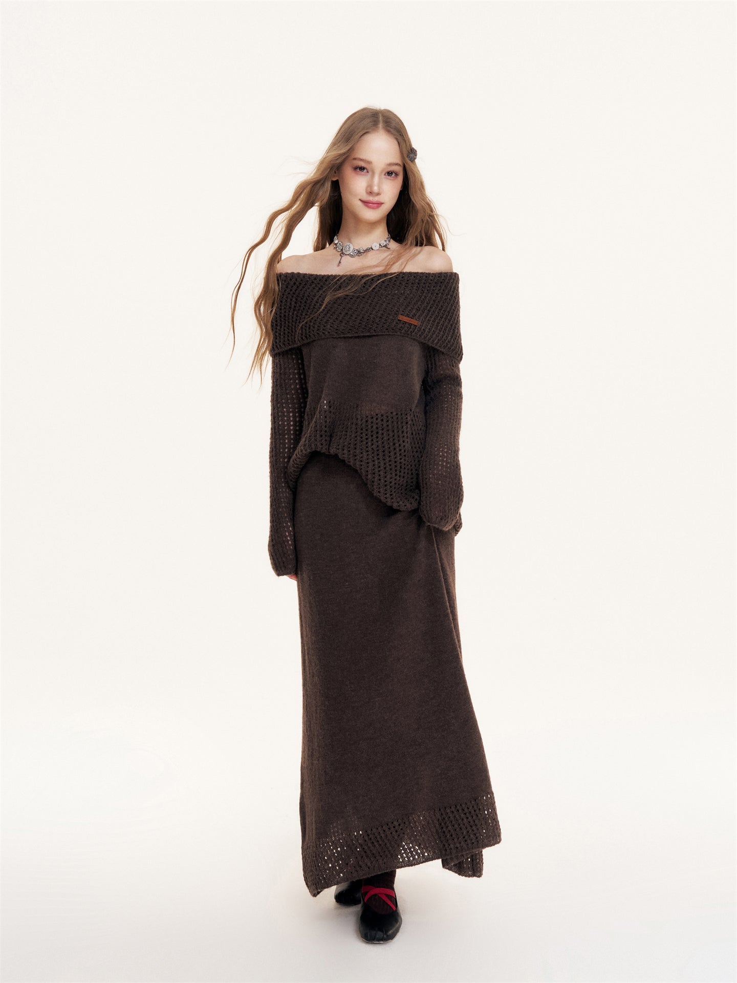 16DEWS 16D25387&16D25388 Off shoulder knitted top + skirt set