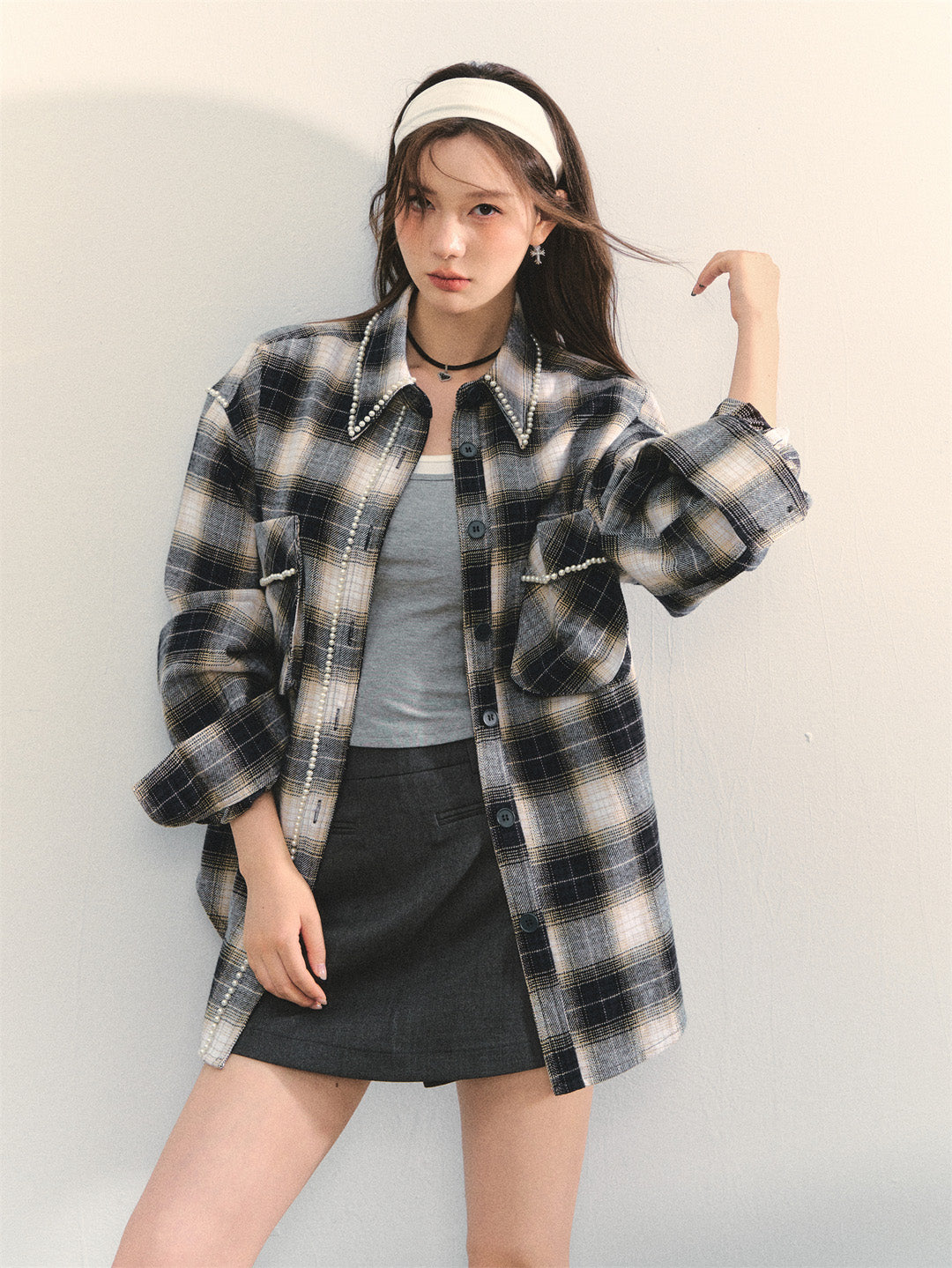 AsGony ASG25330 Navy blue checkered handmade pearl shirt