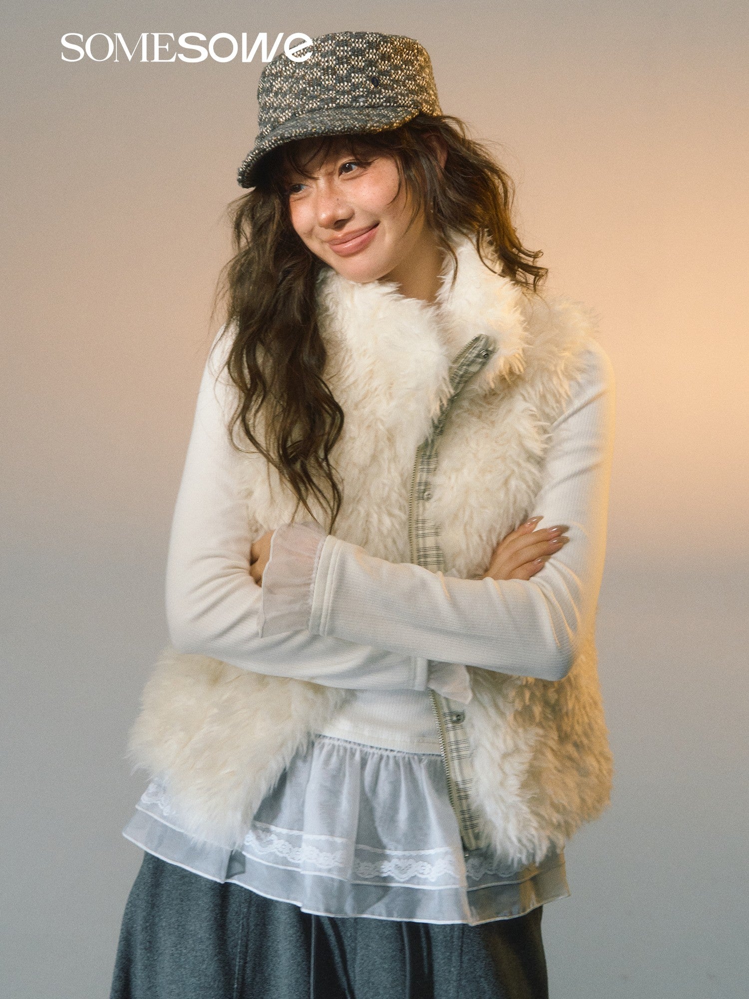 SOMESOWE S2508263 Grid splicing lamb wool double-sided vest