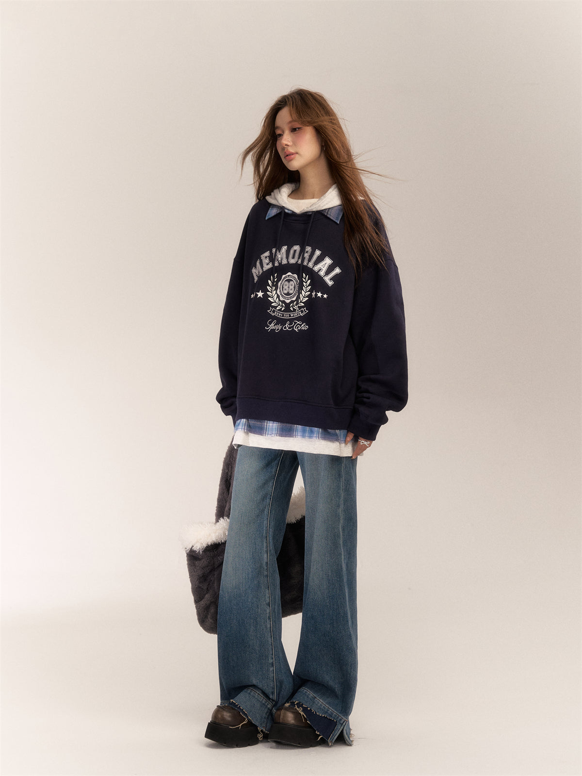 AsGony ASG24643 Vintage patchwork plaid hoodie