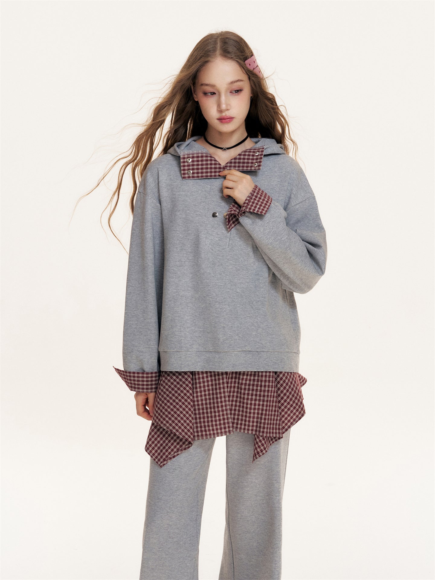 16DEWS 16D25397&16D25398 Plaid patchwork hooded sweatshirt + pants set