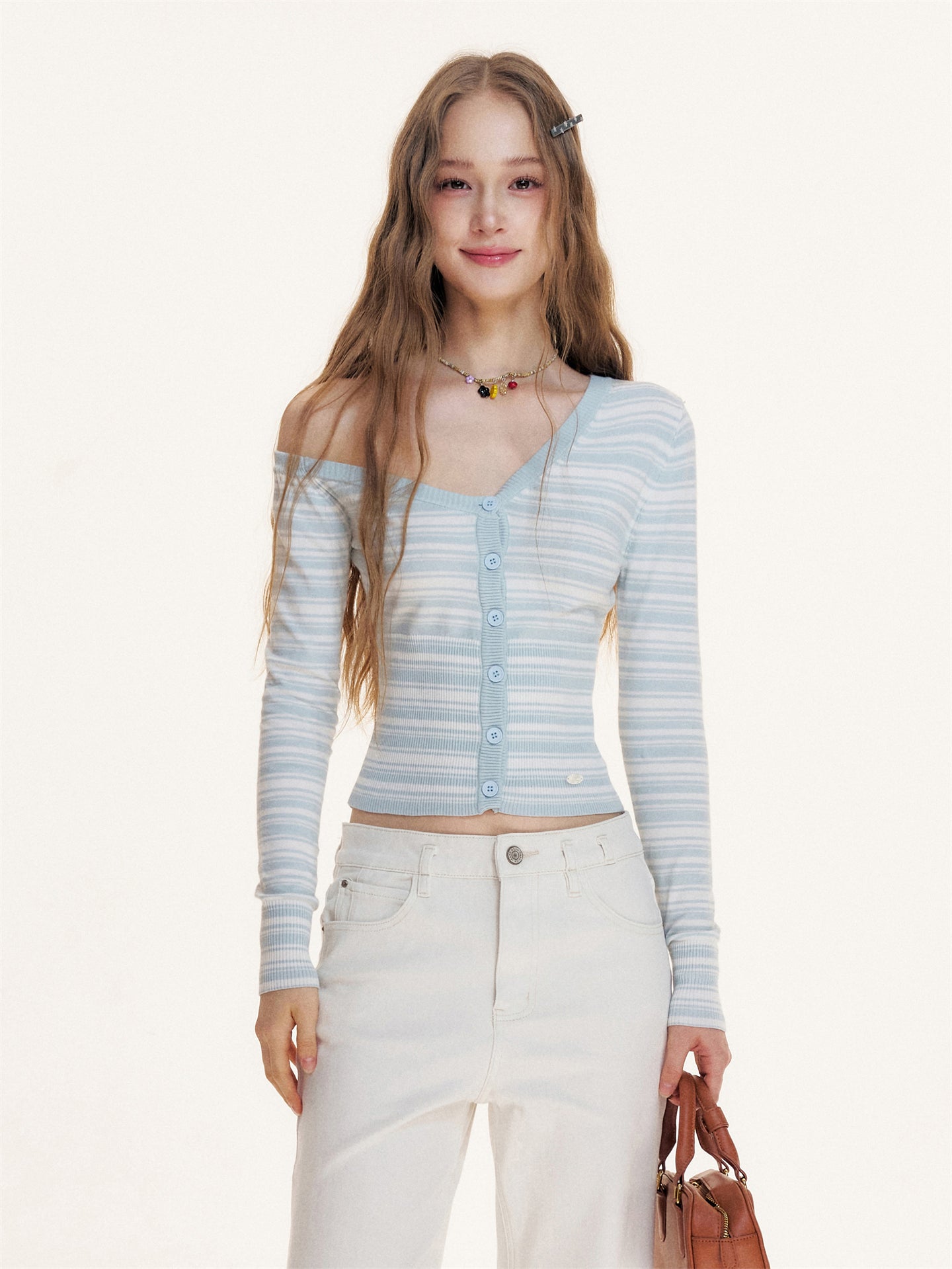 16DEWS 16D25421 Slanted shoulder design striped long sleeved knitted sweater