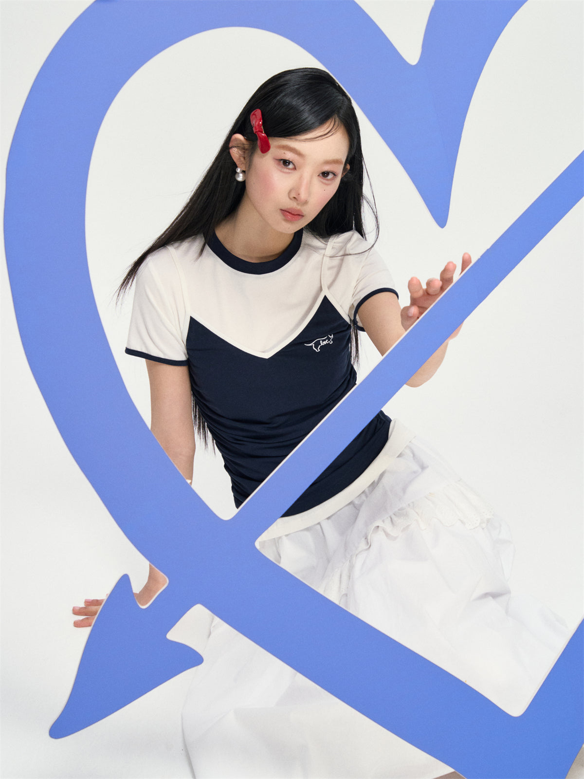 AsGony ASG25063 Color blocking strap style fake two-piece T-shirt