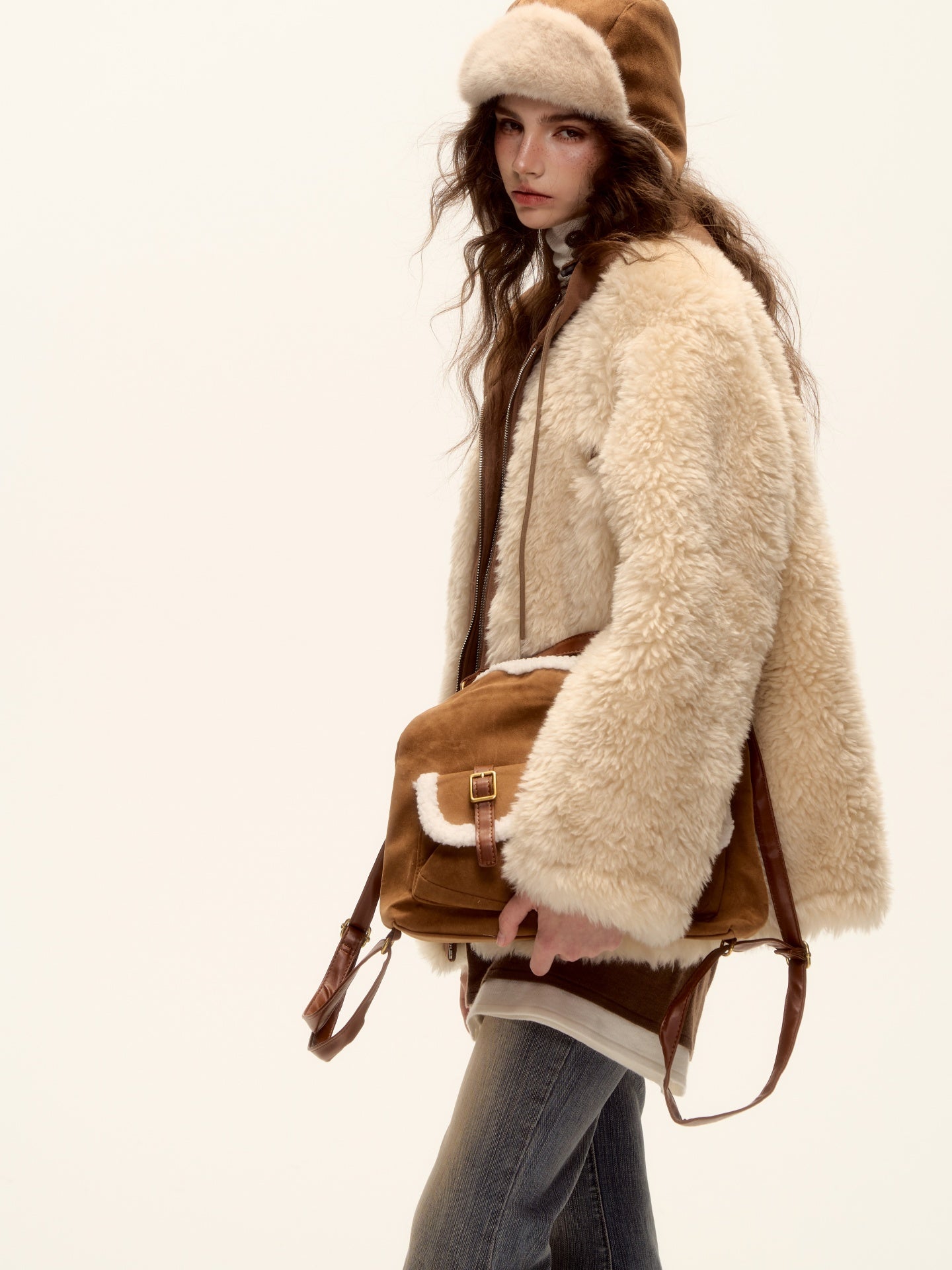 AsGony ASG25487 Hooded sweatshirt with patchwork fur and leather jacket