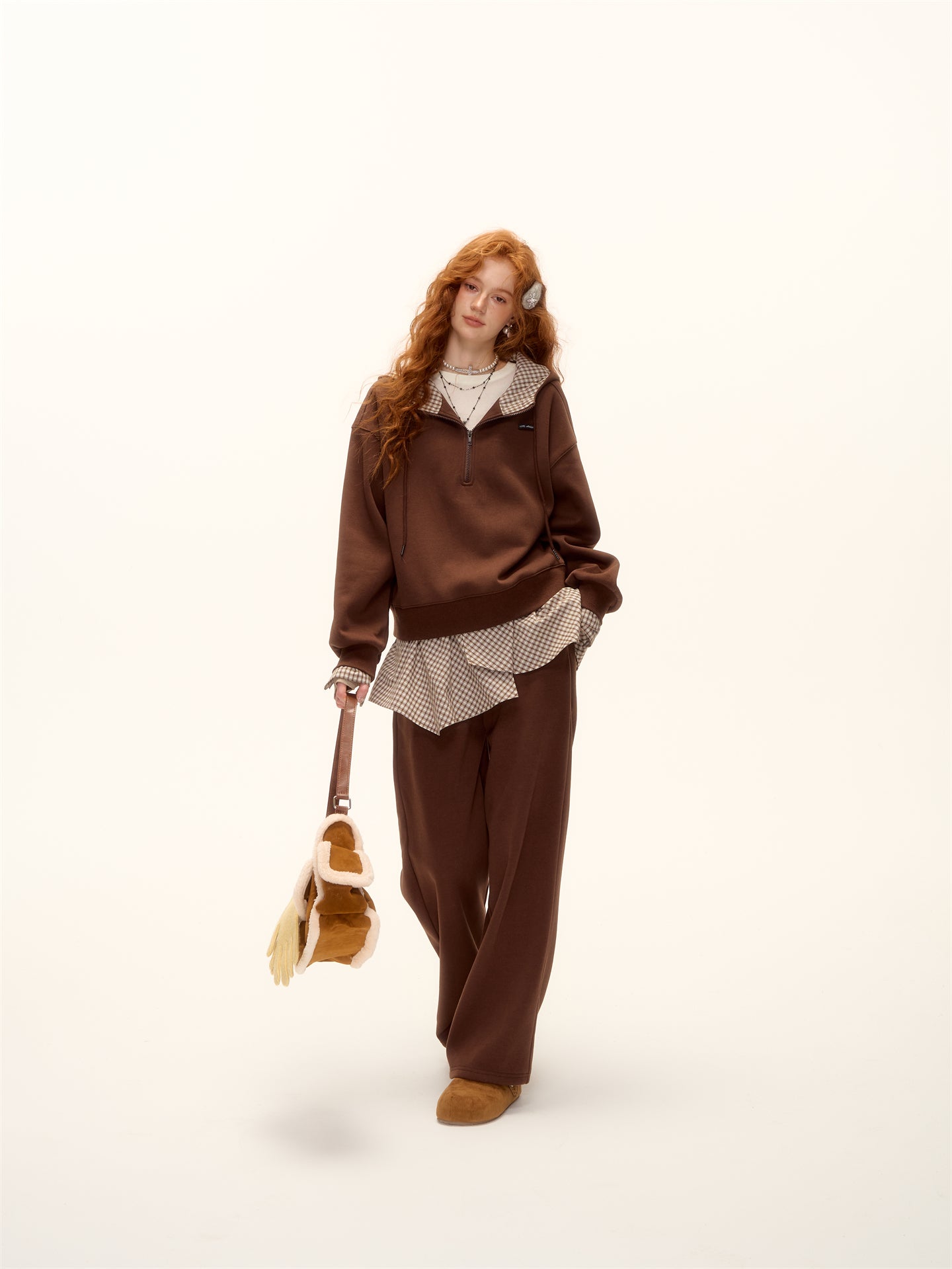 AsGony ASG24642&ASG24641 Plaid patchwork fleece hoodie + pants set