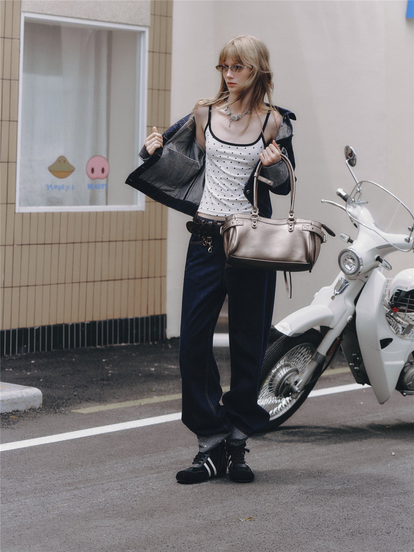 Asgony ASG26506 Raw Denim Jacket+ASG26507 Denim Straight Pants