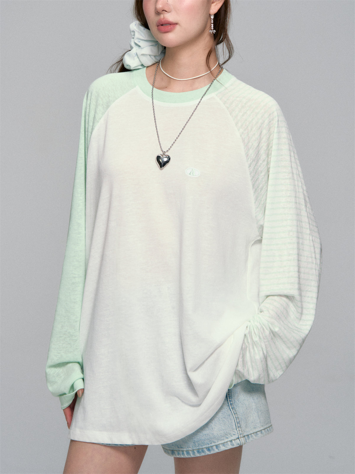 AsGony ASG25271 Striped contrasting sunscreen cover shirt