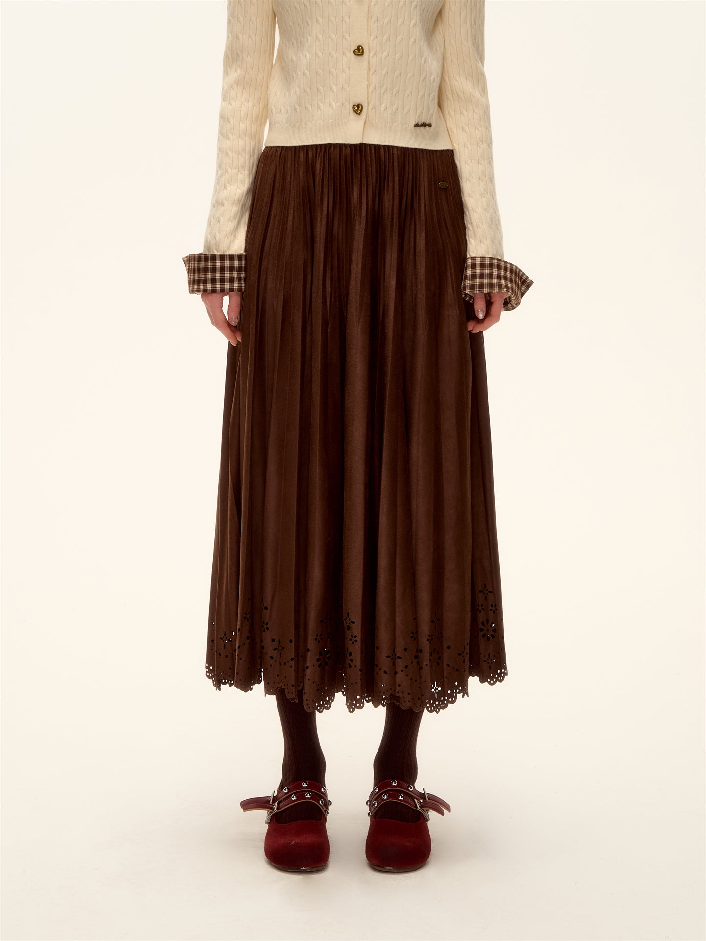 AsGony ASG25477 Hollow lace hem pleated suede long skirt