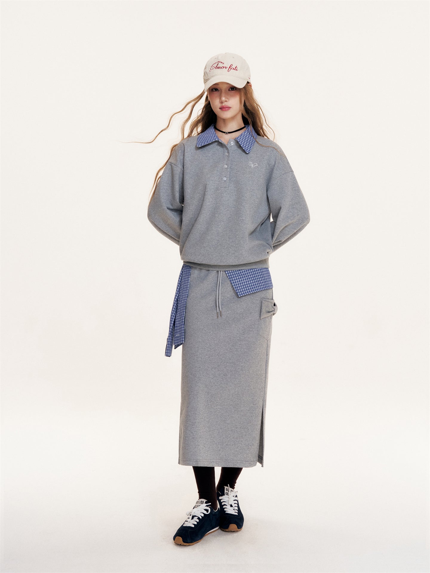 16DEWS 16D25399&16D25340 Grid patchwork polo lapel long sleeved sweatshirt + pants set