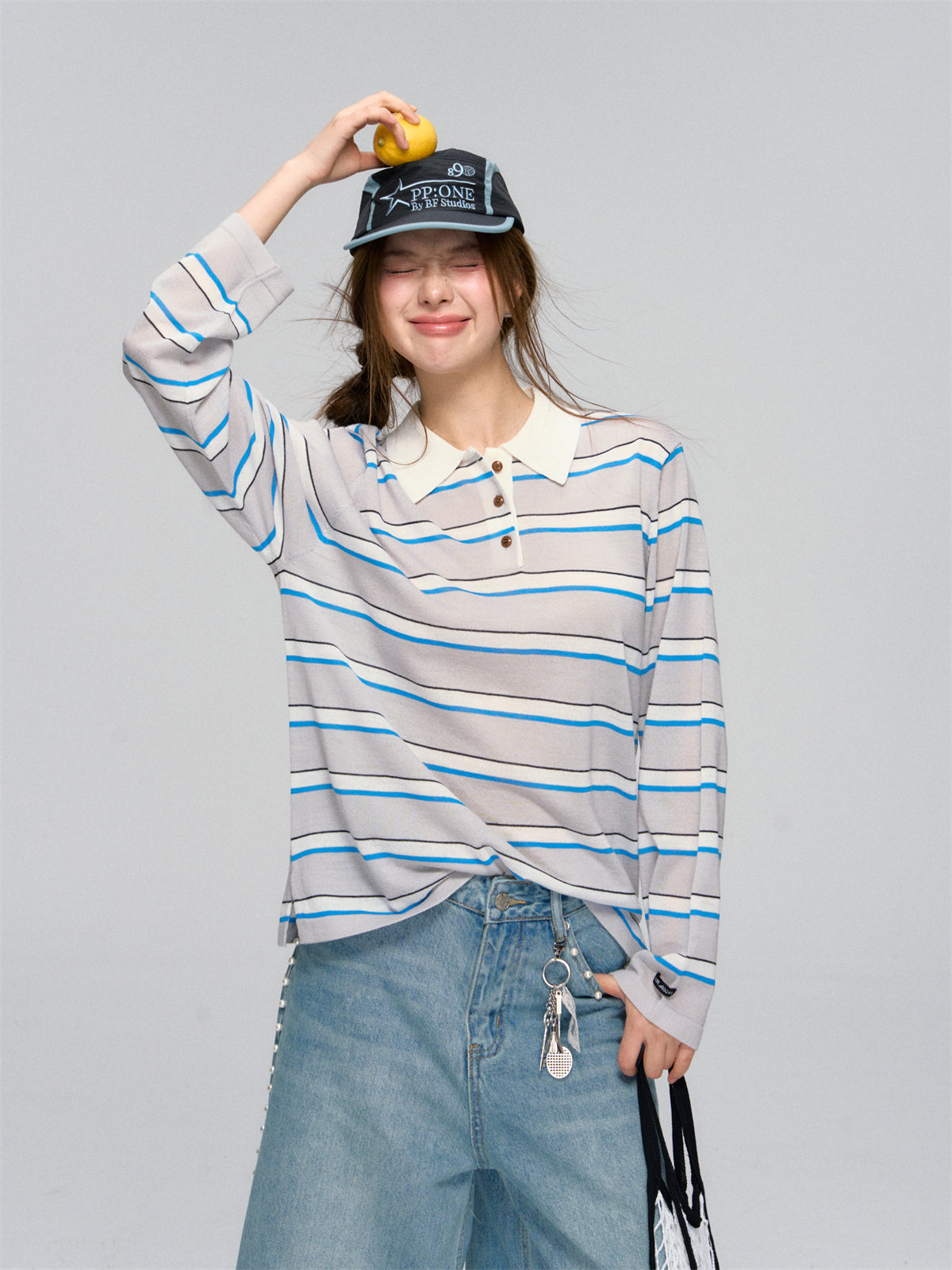 AsGony ASG25036 Striped polo collar loose knit top(2color)