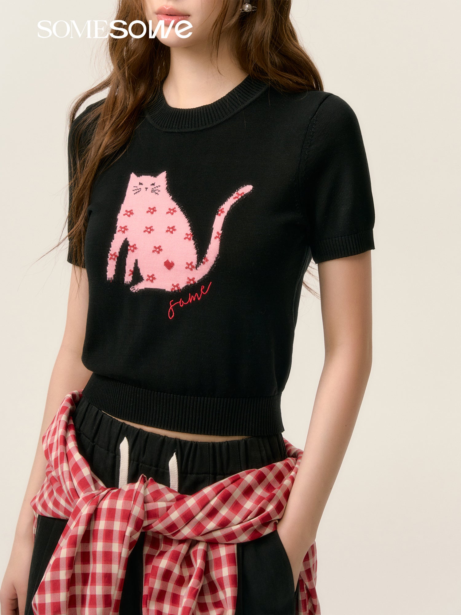 SOMESOWE S2508051 Cat short sleeved knitted sweater