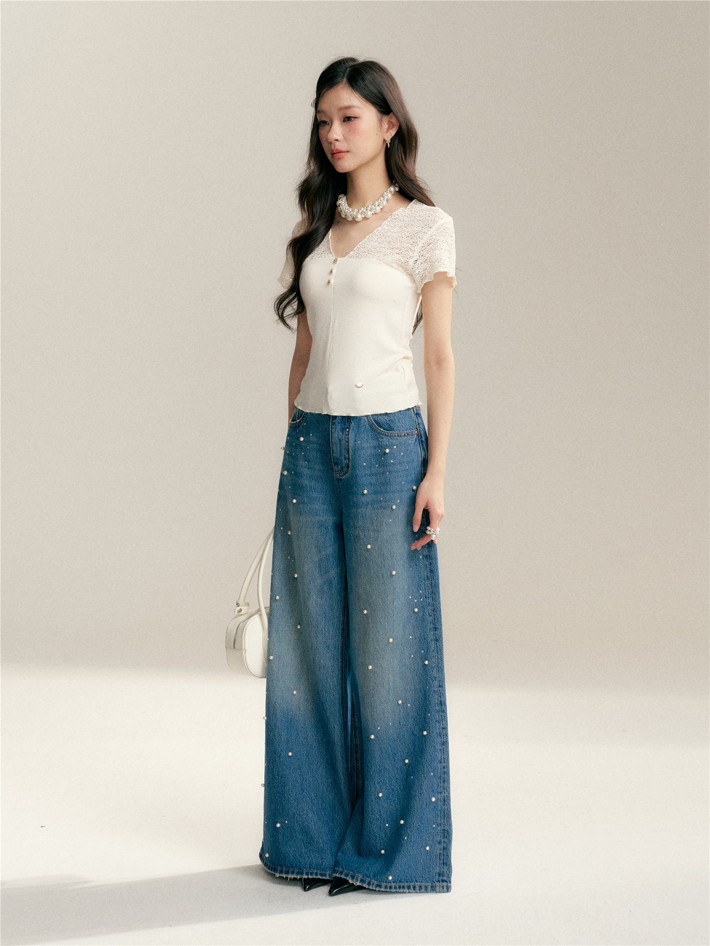 16DEWS 16D26005 Pearl hot stamping high waisted wide leg jeans