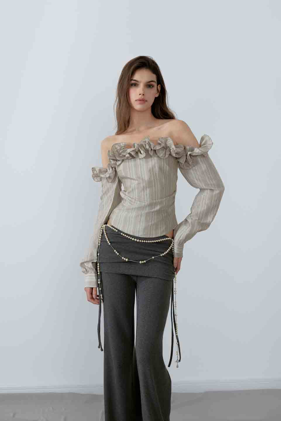 NONCESTNON N221 Striped pleated long sleeved top