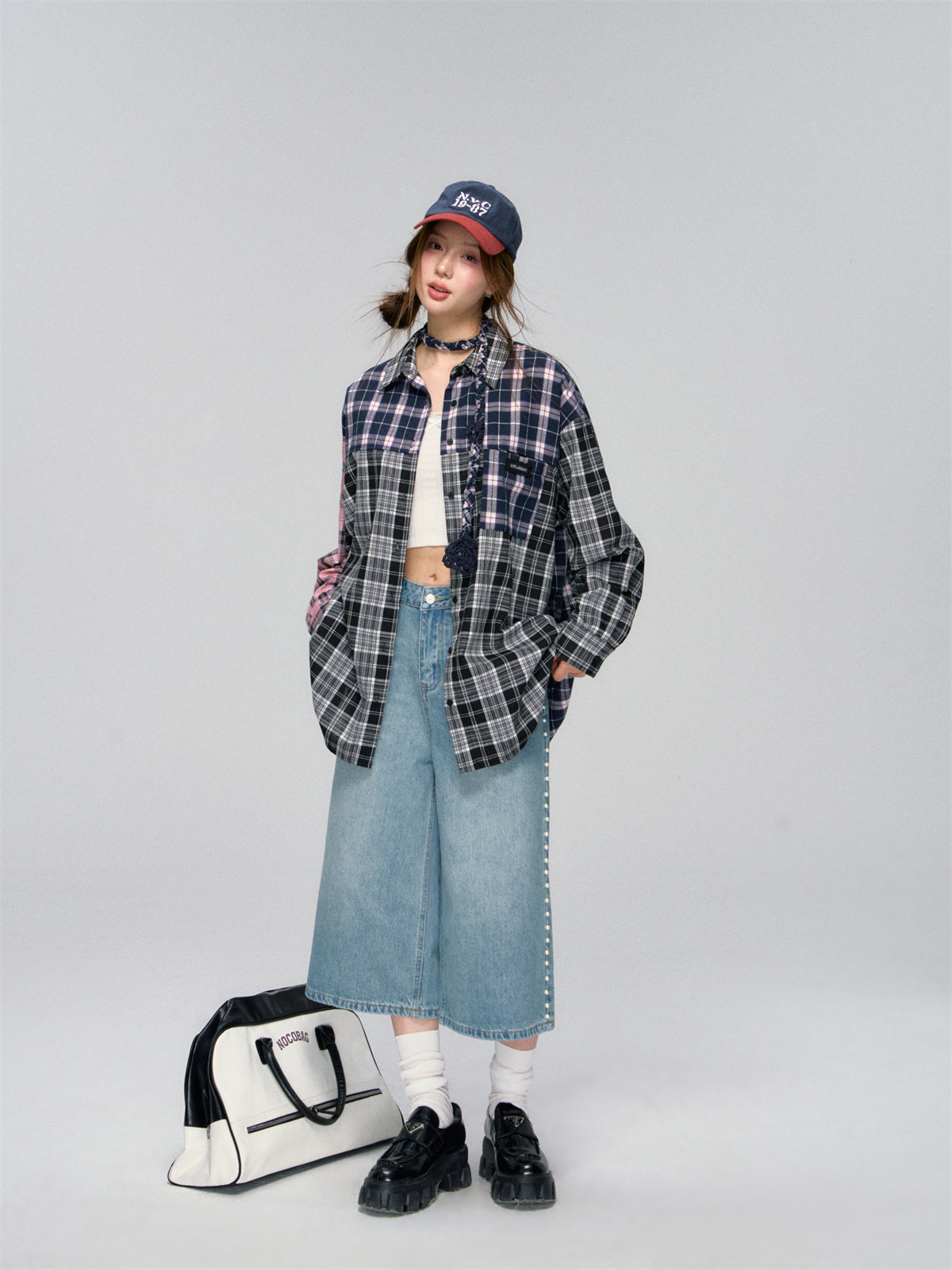 AsGony ASG25034 Checkered multi-color patchwork loose shirt